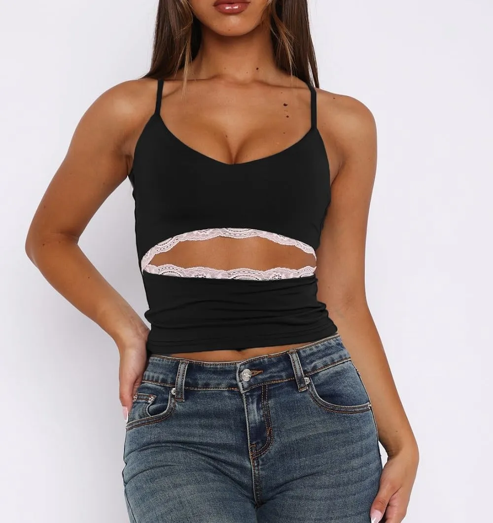 Women Y2k Lace Trim Tank Top Sleeveless V Neck Crop Cami Top Lace Spaghetti Strap Tank Tops Sexy Going Out Camisoles