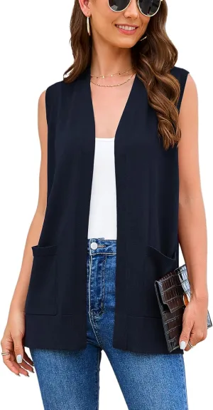 Women's 2025 Sleeveless Cardigan Sweaters Fashion Casual Soft Knit Office Duster Vests with Cozy Pockets (S-3XL)