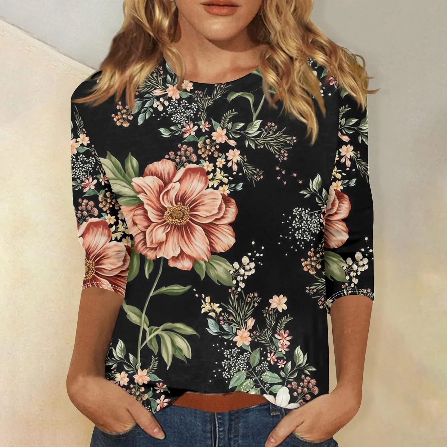Womens 3/4 Length Sleeve Tops 2025 Summer Casual Geometric Print Crew Neck Blouse Fit Daily Womens 3/4 Sleeve T Shirts