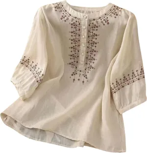 Womens 3/4 Sleeve Linen Shirts 2025 Cotton Summer Retro Embroidered Boho Tops Dressy Casual Beach Vacation Blouses