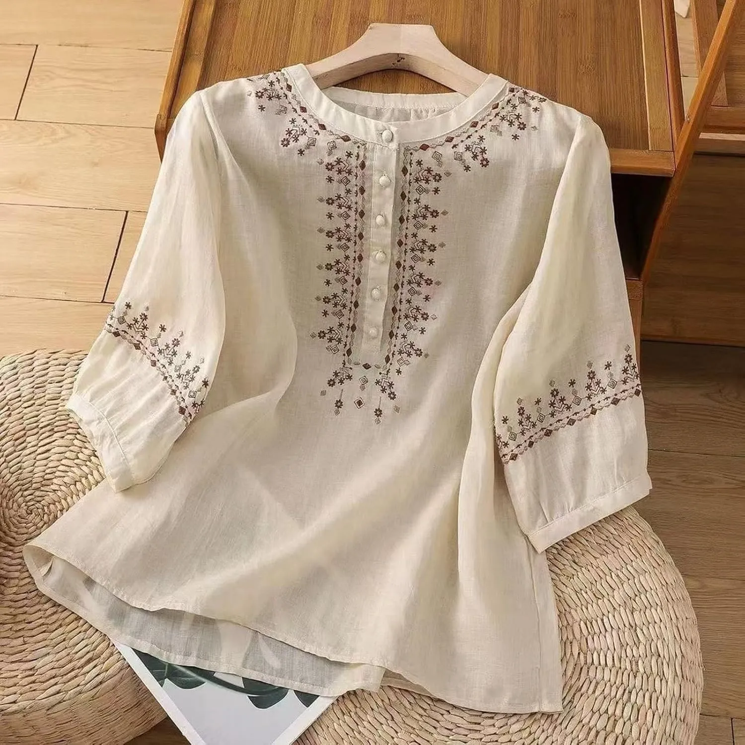 Womens 3/4 Sleeve Linen Shirts 2025 Cotton Summer Retro Embroidered Boho Tops Dressy Casual Beach Vacation Blouses