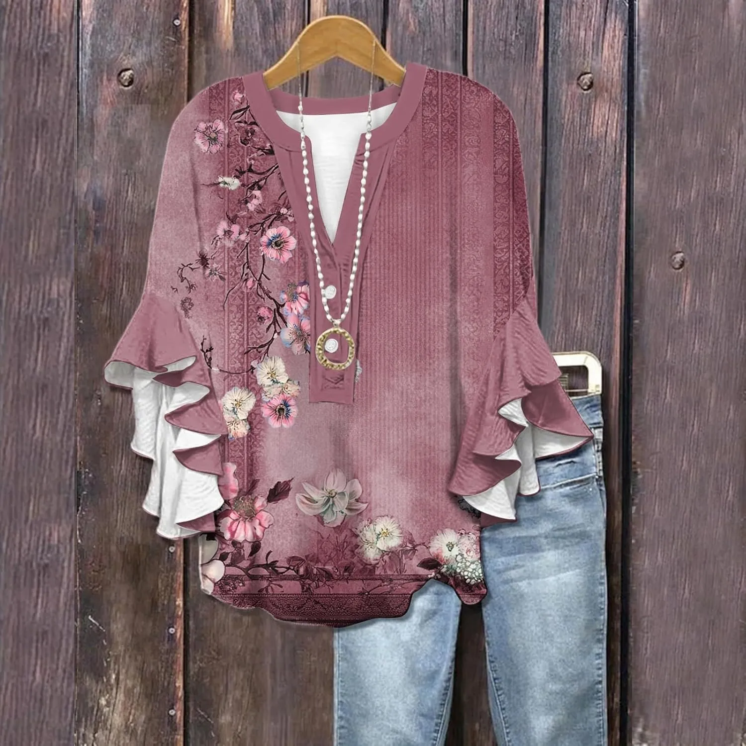 Womens 3/4 Sleeve Tops Casual Ruffle Floral Henley Notched V Neck T Shirts Loose Fit Graphic Button Dressy Blouses