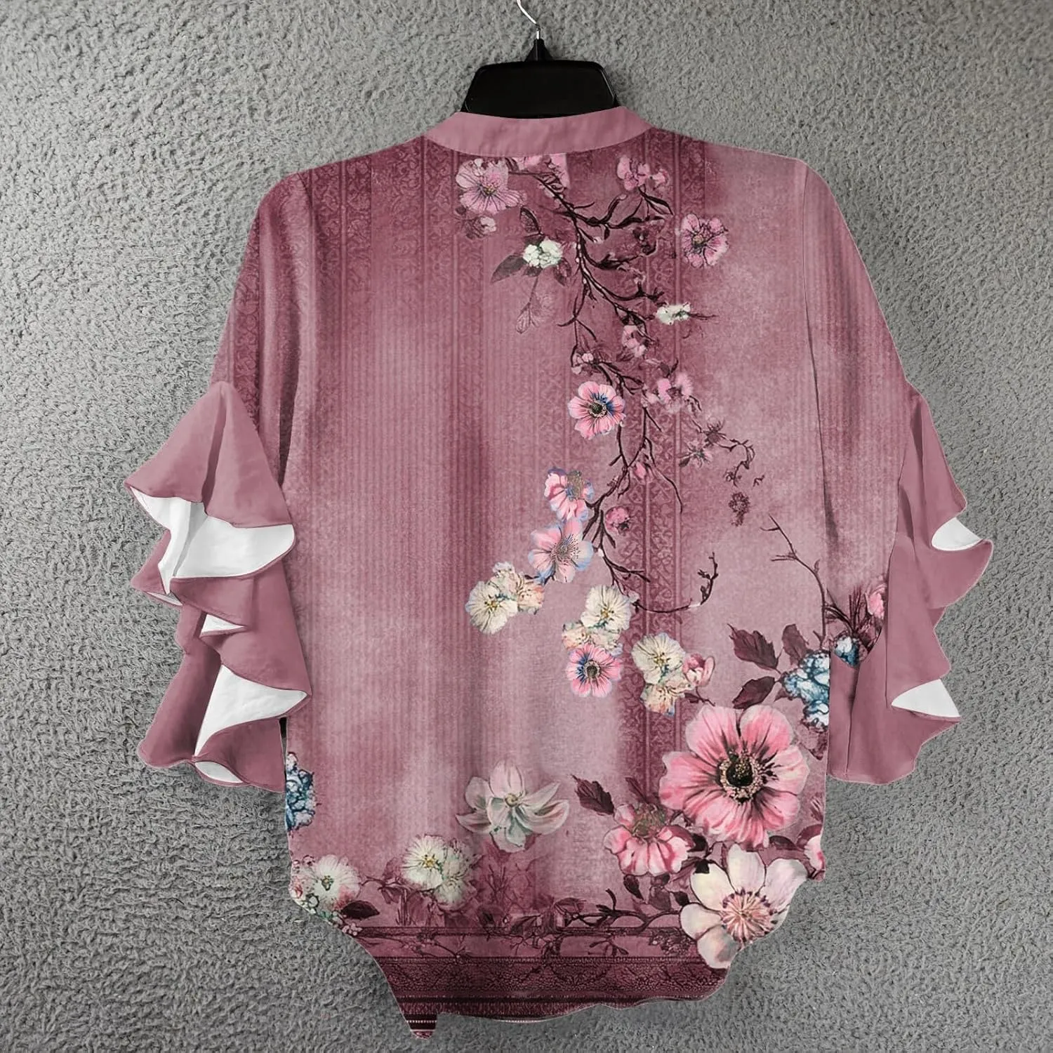 Womens 3/4 Sleeve Tops Casual Ruffle Floral Henley Notched V Neck T Shirts Loose Fit Graphic Button Dressy Blouses