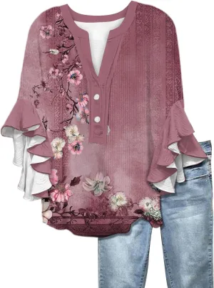 Womens 3/4 Sleeve Tops Casual Ruffle Floral Henley Notched V Neck T Shirts Loose Fit Graphic Button Dressy Blouses