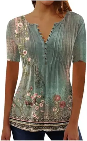 Womens Blouses Short Sleeve Tops Crew Neck Pleated Shirts Tunic Casual Flowy Trendy Pleated Tunic Tops Floral Blue XXL