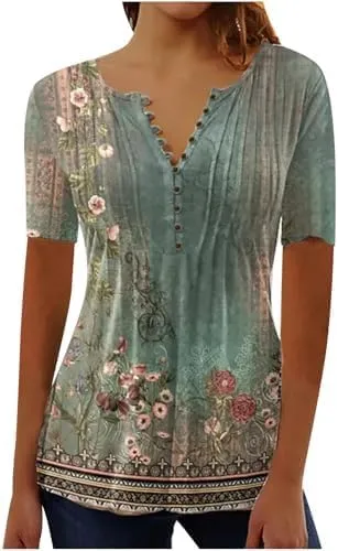 Womens Blouses Short Sleeve Tops Crew Neck Pleated Shirts Tunic Casual Flowy Trendy Pleated Tunic Tops Floral Blue XXL