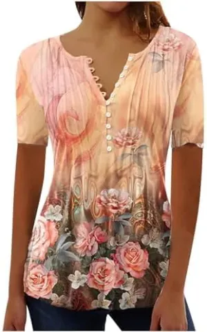 Womens Blouses Short Sleeve Tops Crew Neck Pleated Shirts Tunic Casual Flowy Trendy Pleated Tunic Tops Floral Blue XXL