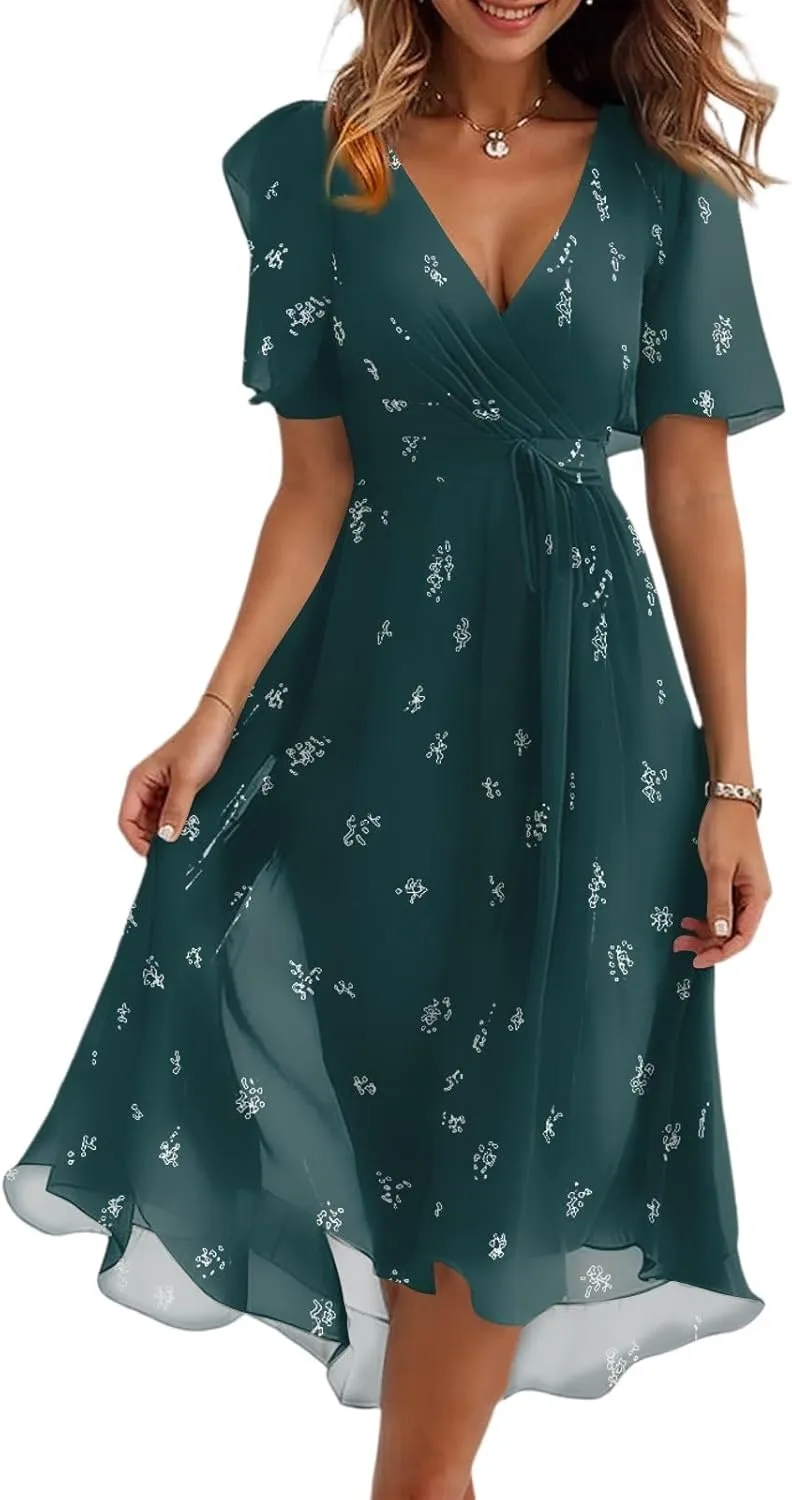 Womens Boho Floral Printed Chiffon Dresses 2025 Spring Elegant V Neck Belted Summer Wedding Prom Cocktail Midi Dress