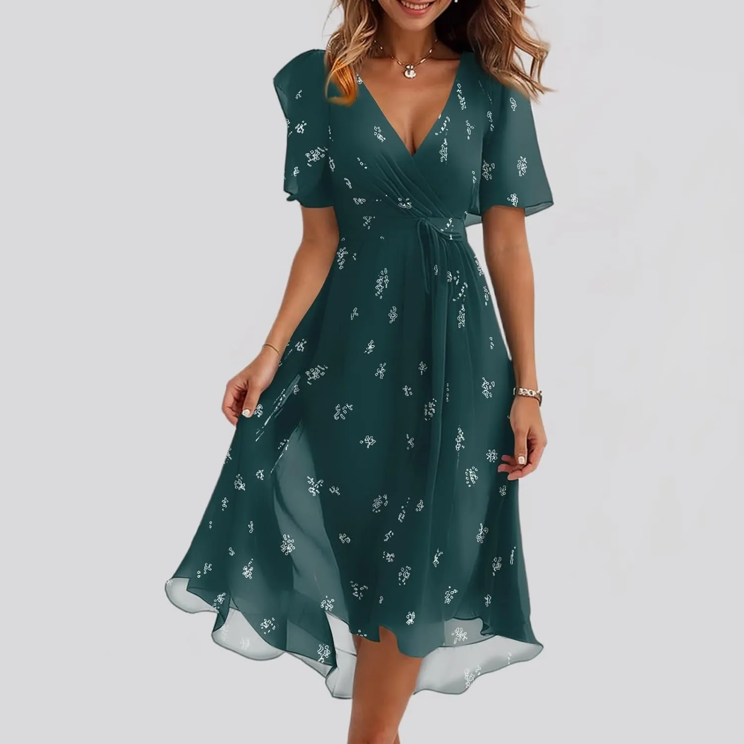 Womens Boho Floral Printed Chiffon Dresses 2025 Spring Elegant V Neck Belted Summer Wedding Prom Cocktail Midi Dress