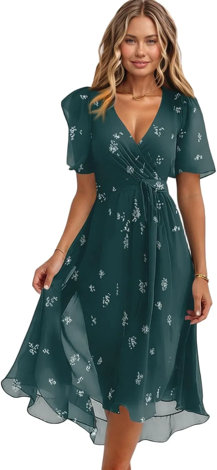 Womens Boho Floral Printed Chiffon Dresses 2025 Spring Elegant V Neck Belted Summer Wedding Prom Cocktail Midi Dress