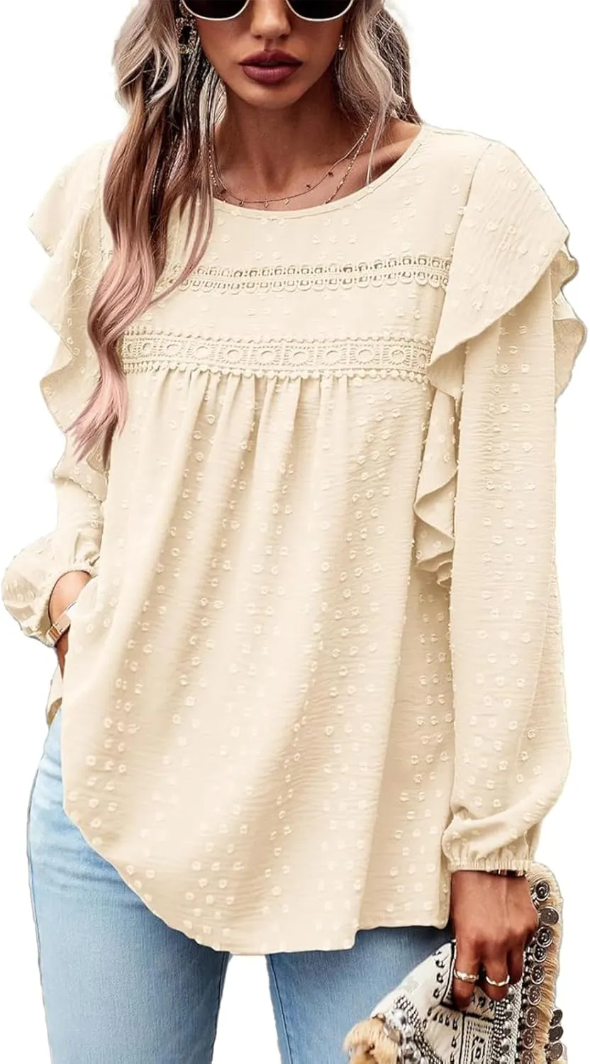 Womens Boho Tops Long Sleeve Ruffle Peasant Swiss Dot Flowy Blouses Tunic Dressy Casual Crochet Loose Fit Shirts 2025