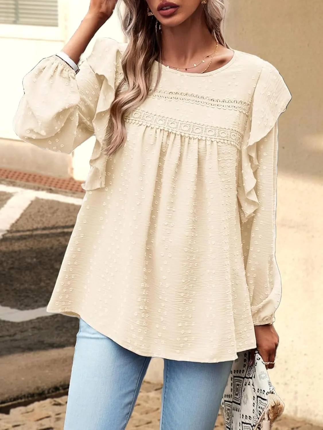 Womens Boho Tops Long Sleeve Ruffle Peasant Swiss Dot Flowy Blouses Tunic Dressy Casual Crochet Loose Fit Shirts 2025