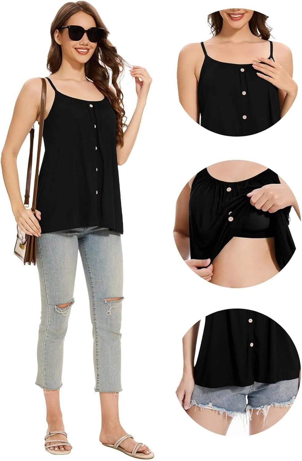 Womens Camisoles with Built-in Padded Bra Flowy Tanks Adjustable Spaghetti Straps Tank Tops