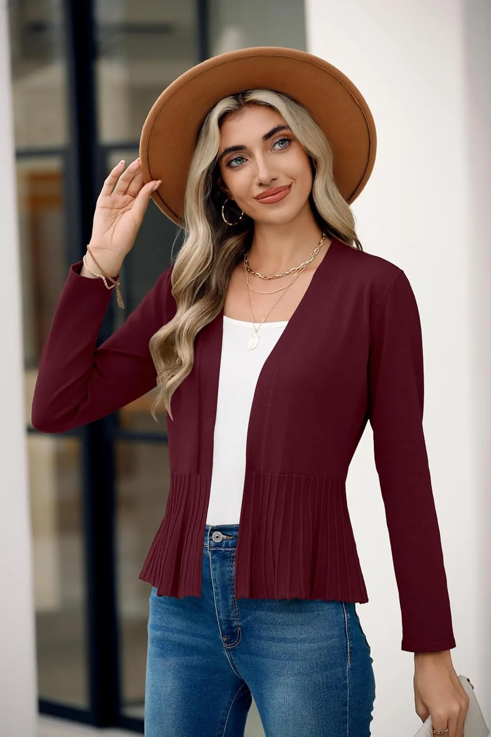 Women's Casual Open Front Lightweight Cropped Cardigans Long Sleeve Sweater Soft Draped Peplum Knit Outwear