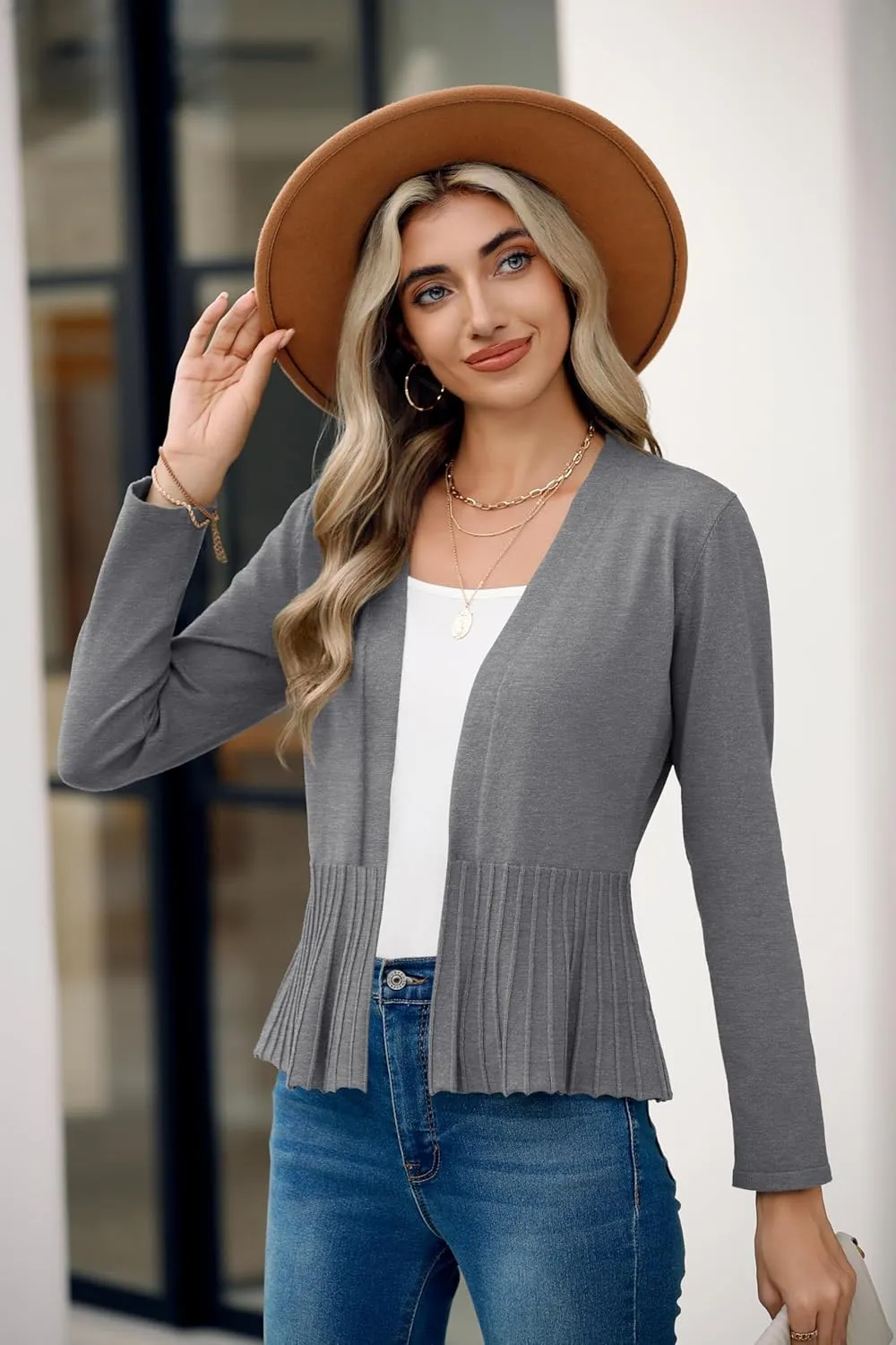 Women's Casual Open Front Lightweight Cropped Cardigans Long Sleeve Sweater Soft Draped Peplum Knit Outwear