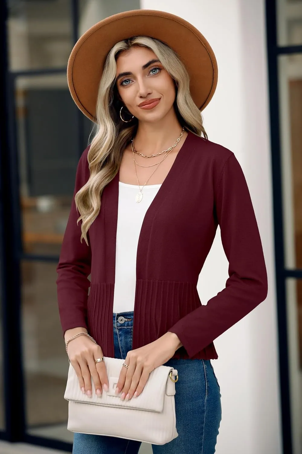 Women's Casual Open Front Lightweight Cropped Cardigans Long Sleeve Sweater Soft Draped Peplum Knit Outwear