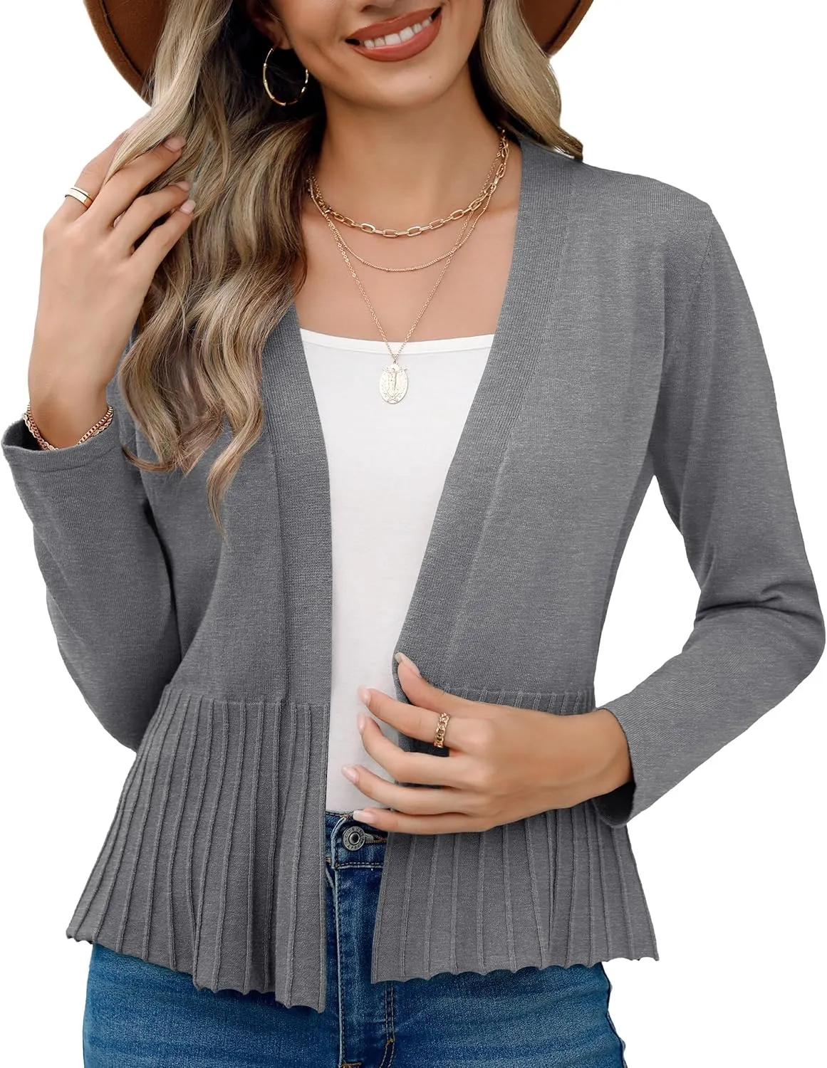 Women's Casual Open Front Lightweight Cropped Cardigans Long Sleeve Sweater Soft Draped Peplum Knit Outwear