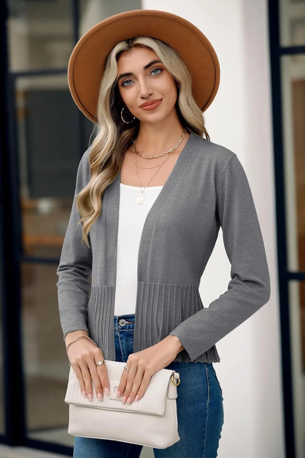 Women's Casual Open Front Lightweight Cropped Cardigans Long Sleeve Sweater Soft Draped Peplum Knit Outwear