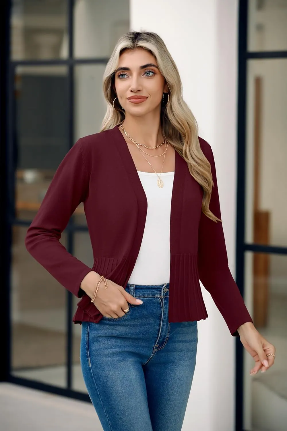Women's Casual Open Front Lightweight Cropped Cardigans Long Sleeve Sweater Soft Draped Peplum Knit Outwear