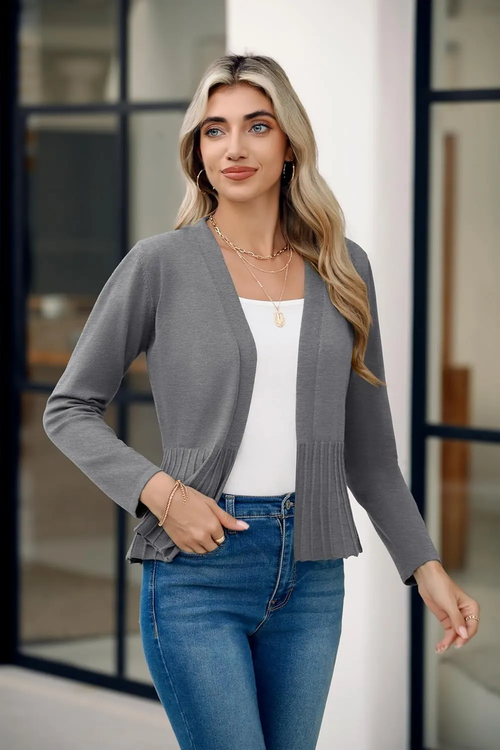 Women's Casual Open Front Lightweight Cropped Cardigans Long Sleeve Sweater Soft Draped Peplum Knit Outwear