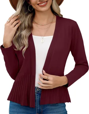 Women's Casual Open Front Lightweight Cropped Cardigans Long Sleeve Sweater Soft Draped Peplum Knit Outwear