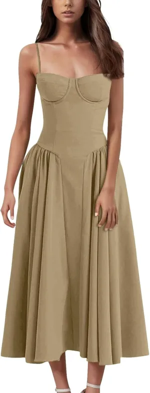 Womens Corset Dress Elegant Spaghetti Strap Bustier Midi Dress Flowy Pleated Hem Low Cut Prom Dresses with Pockets