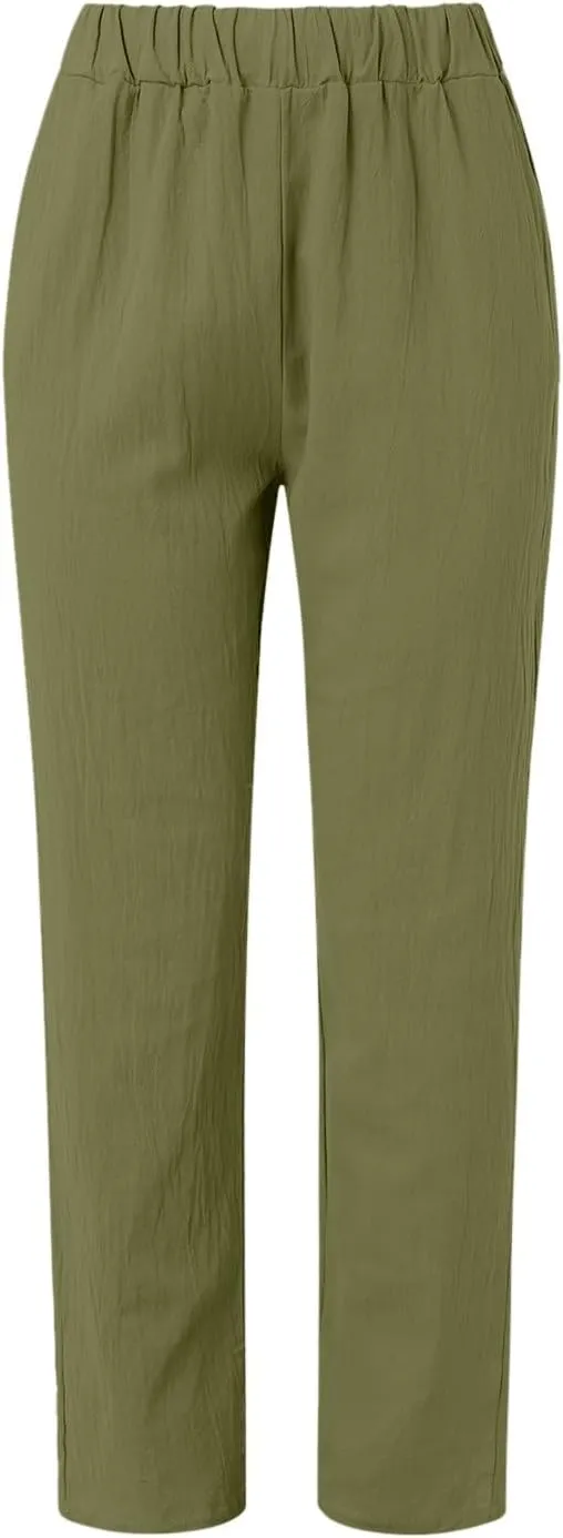 Women's Cotton Linen Pants Plus Size Elastic High Waist Comfy Straight Trouser Summer Casual Loose Pant with Pockets