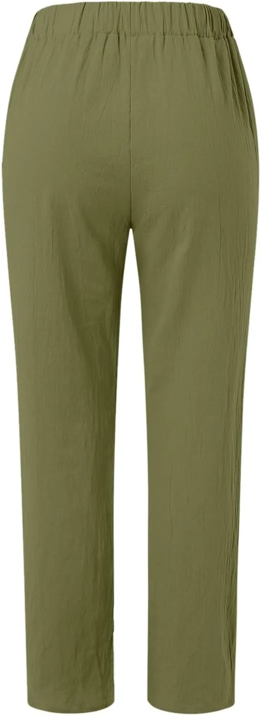 Women's Cotton Linen Pants Plus Size Elastic High Waist Comfy Straight Trouser Summer Casual Loose Pant with Pockets