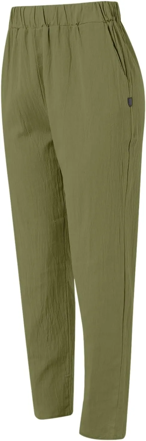 Women's Cotton Linen Pants Plus Size Elastic High Waist Comfy Straight Trouser Summer Casual Loose Pant with Pockets