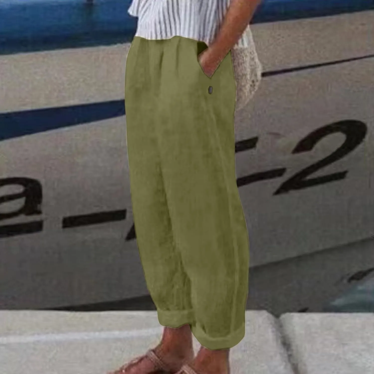 Women's Cotton Linen Pants Plus Size Elastic High Waist Comfy Straight Trouser Summer Casual Loose Pant with Pockets