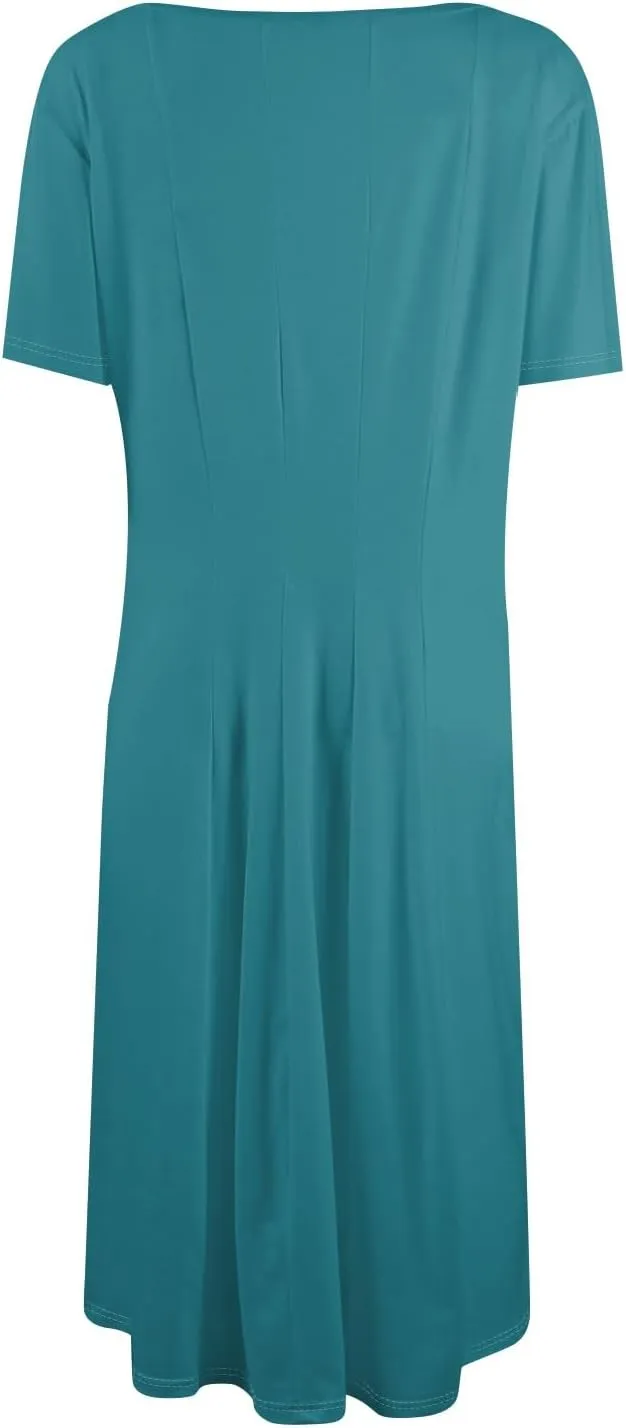 Womens Dresses 2025 Summer Cinch Waist Crewneck Short Sleeve A Line Dress Side Pockets Midi Sun Dress Vacation