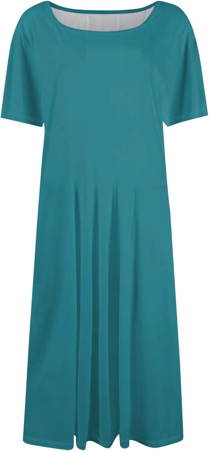 Womens Dresses 2025 Summer Cinch Waist Crewneck Short Sleeve A Line Dress Side Pockets Midi Sun Dress Vacation