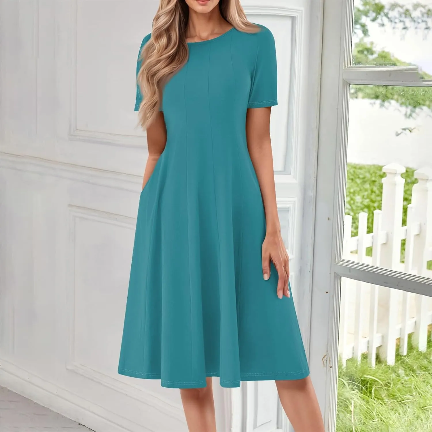 Womens Dresses 2025 Summer Cinch Waist Crewneck Short Sleeve A Line Dress Side Pockets Midi Sun Dress Vacation