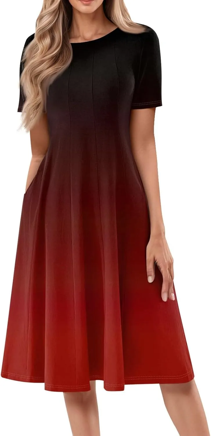 Womens Dresses 2025 Summer Cinch Waist Crewneck Short Sleeve A Line Dress Side Pockets Midi Sun Dress Vacation