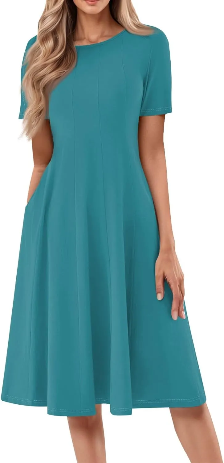 Womens Dresses 2025 Summer Cinch Waist Crewneck Short Sleeve A Line Dress Side Pockets Midi Sun Dress Vacation