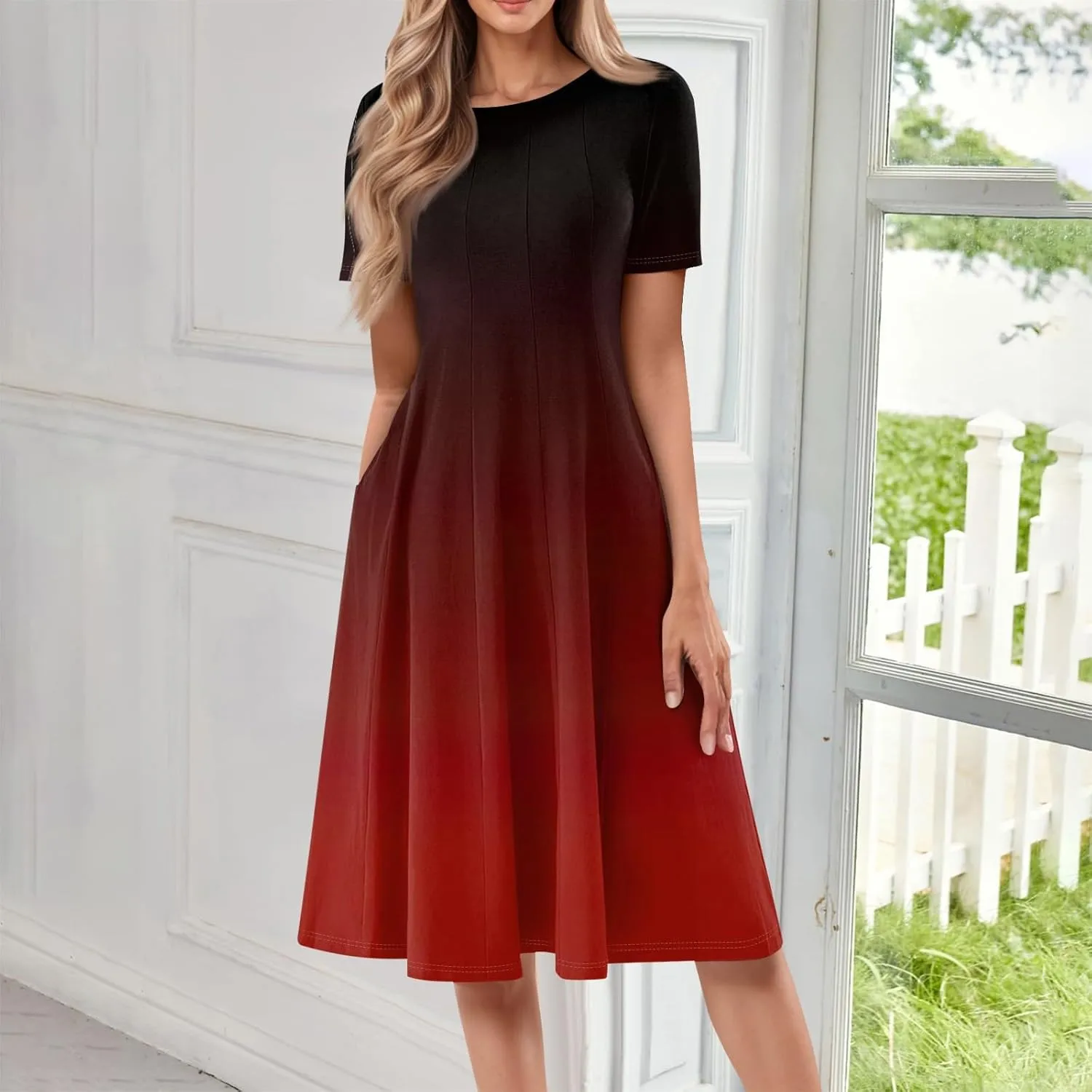 Womens Dresses 2025 Summer Cinch Waist Crewneck Short Sleeve A Line Dress Side Pockets Midi Sun Dress Vacation