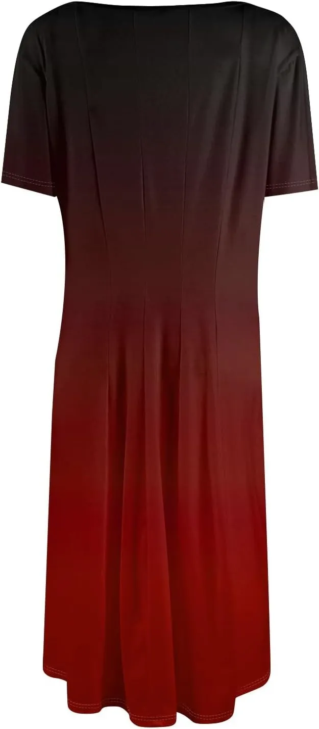 Womens Dresses 2025 Summer Cinch Waist Crewneck Short Sleeve A Line Dress Side Pockets Midi Sun Dress Vacation