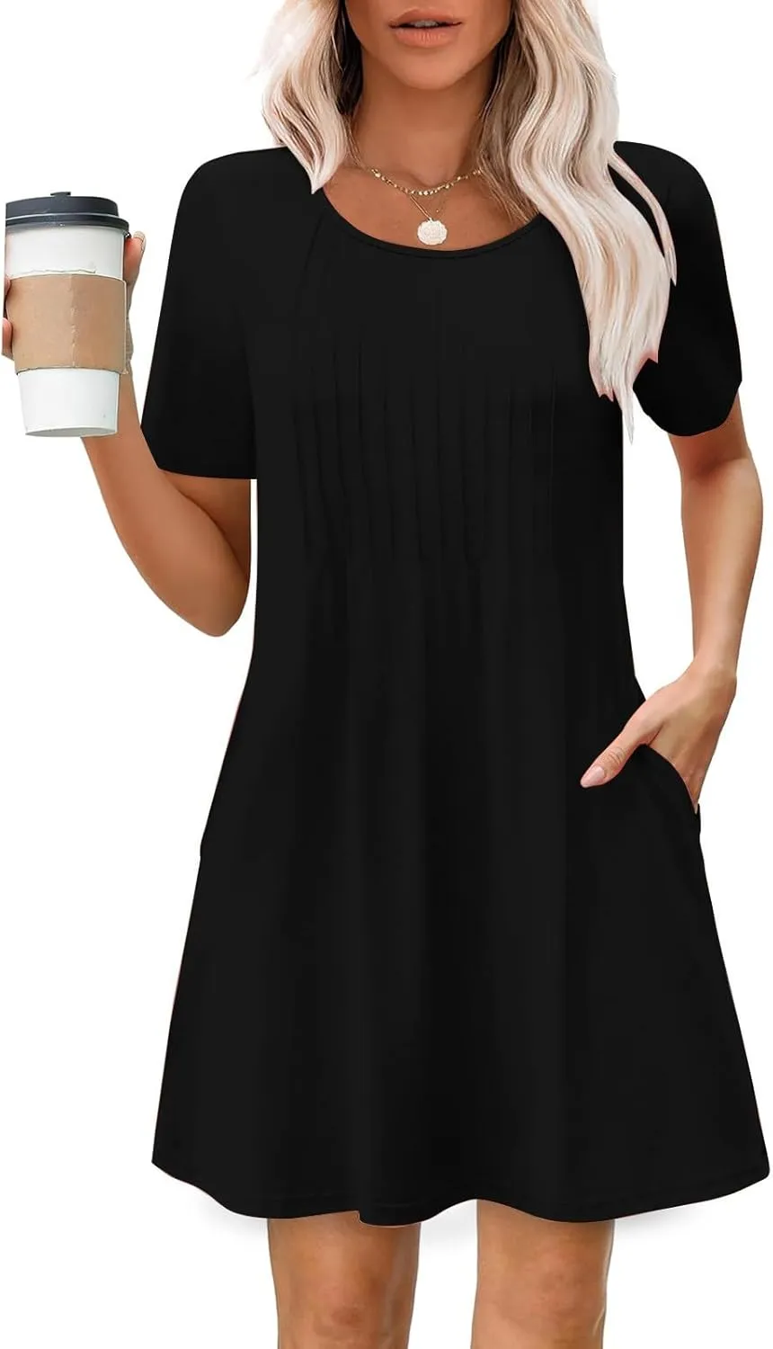 Womens Dresses Casual Loose Fit Short Sleeve Pleated Mini Dress Summer A-Line Flowy Beach Vacation Dress with Pockets