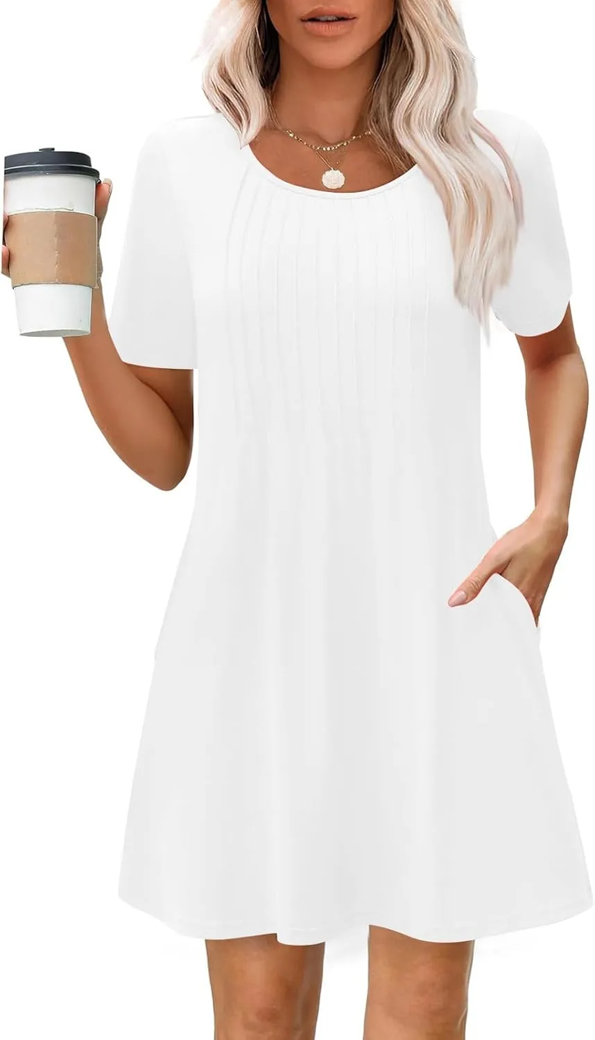 Womens Dresses Casual Loose Fit Short Sleeve Pleated Mini Dress Summer A-Line Flowy Beach Vacation Dress with Pockets