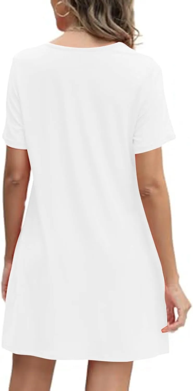 Womens Dresses Casual Loose Fit Short Sleeve Pleated Mini Dress Summer A-Line Flowy Beach Vacation Dress with Pockets