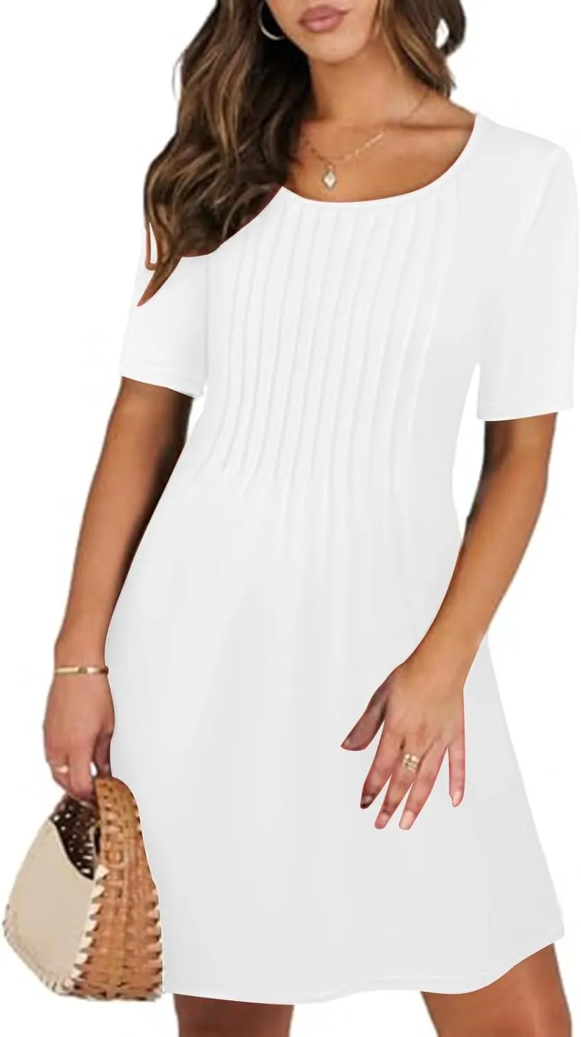 Womens Dresses Casual Loose Fit Short Sleeve Pleated Mini Dress Summer A-Line Flowy Beach Vacation Dress with Pockets