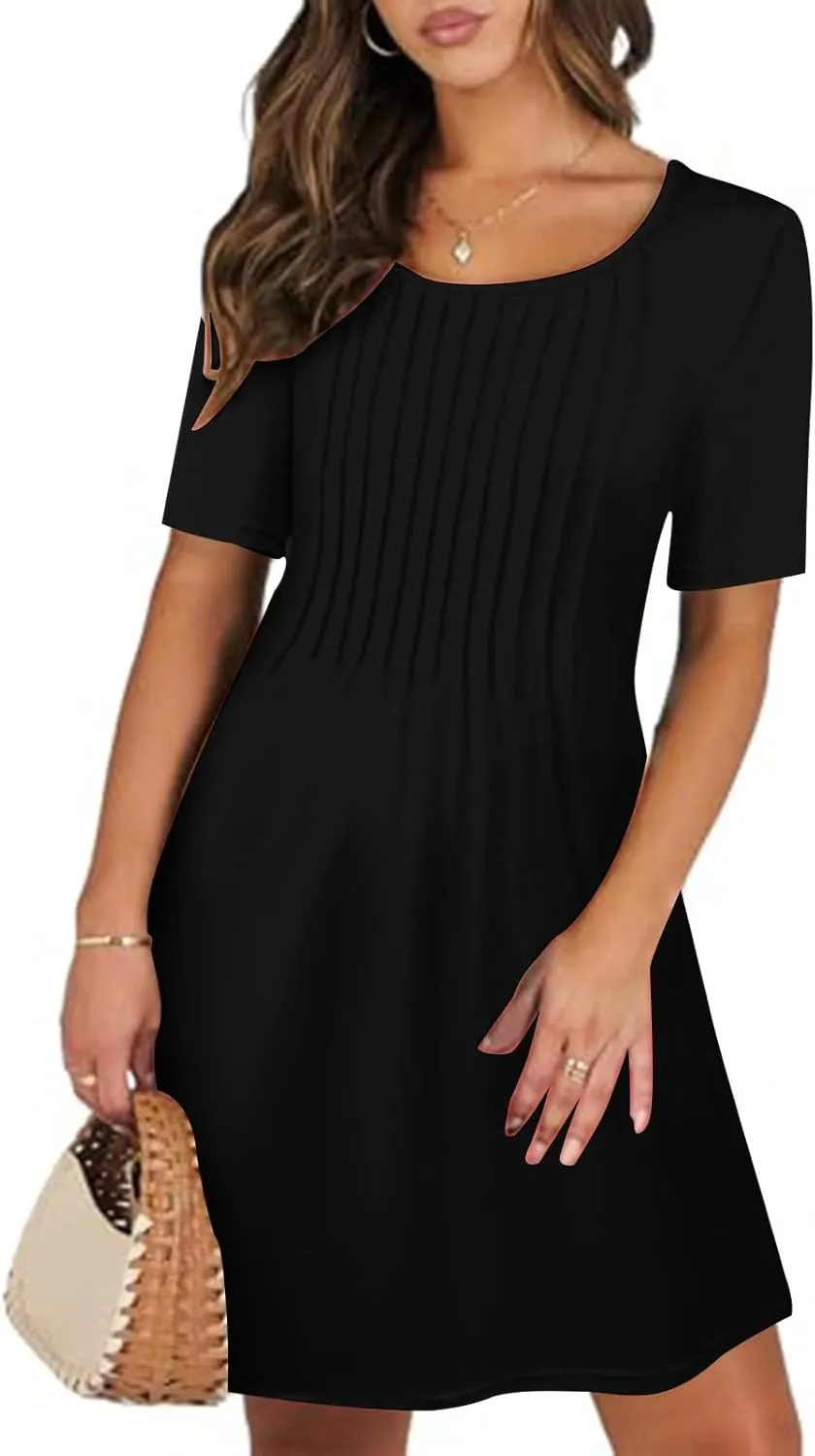 Womens Dresses Casual Loose Fit Short Sleeve Pleated Mini Dress Summer A-Line Flowy Beach Vacation Dress with Pockets