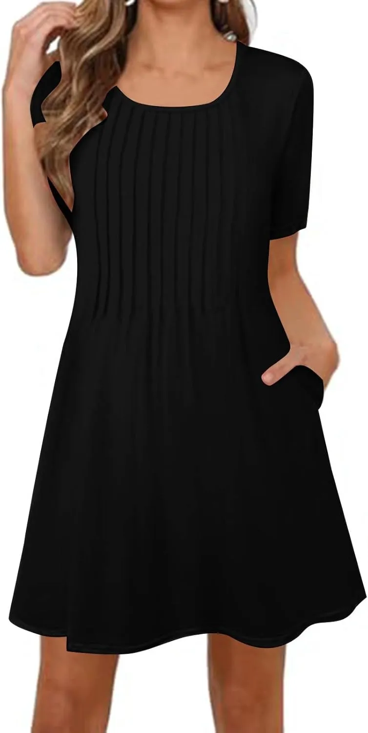 Womens Dresses Casual Loose Fit Short Sleeve Pleated Mini Dress Summer A-Line Flowy Beach Vacation Dress with Pockets