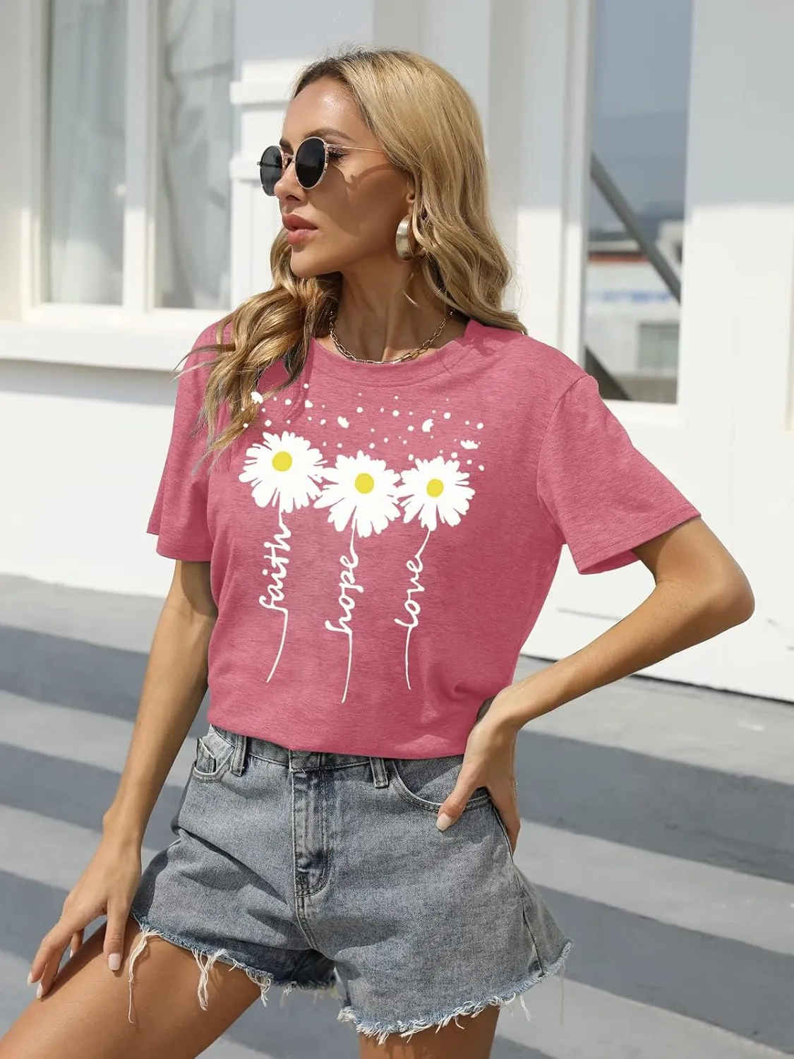 Womens Graphic T Shirts: Christian Shirts Daisy Print Short Sleeve Ladies T-Shirts Faith Hope Love Tee