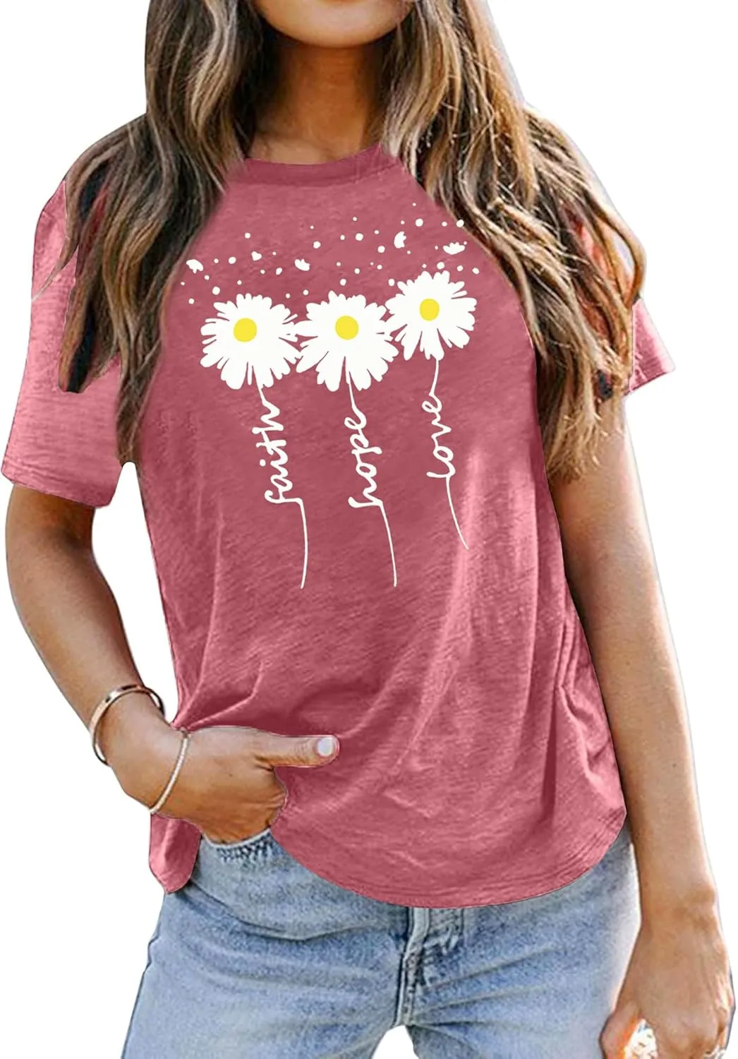Womens Graphic T Shirts: Christian Shirts Daisy Print Short Sleeve Ladies T-Shirts Faith Hope Love Tee