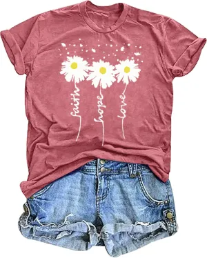 Womens Graphic T Shirts: Christian Shirts Daisy Print Short Sleeve Ladies T-Shirts Faith Hope Love Tee