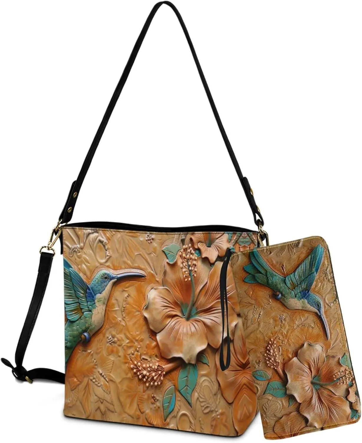Womens Leather Bucket Tote Bag with Wristlet Wallet Set Waterproof Crossbody Bag with Purse for SHopping