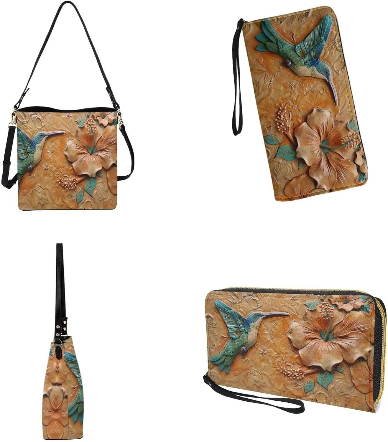 Womens Leather Bucket Tote Bag with Wristlet Wallet Set Waterproof Crossbody Bag with Purse for SHopping