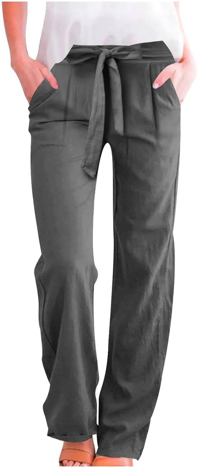 Womens Linen Cotton Pants Casual Straight Leg Work Pants with Pockets 2025 Summer Trendy Dressy Pants Tie Front Pants