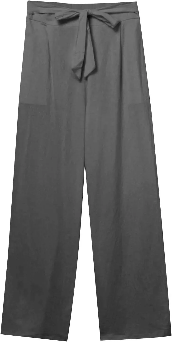 Womens Linen Cotton Pants Casual Straight Leg Work Pants with Pockets 2025 Summer Trendy Dressy Pants Tie Front Pants